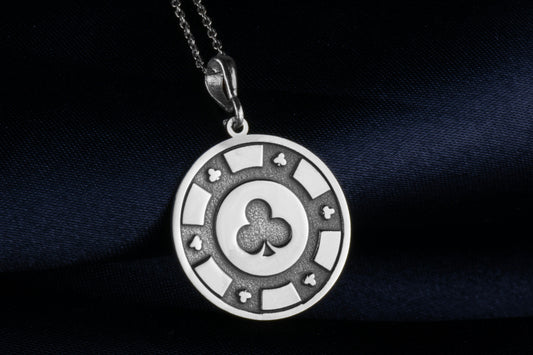 14k Solid Gold Poker Chip Necklace: Clubs Suit Pendant