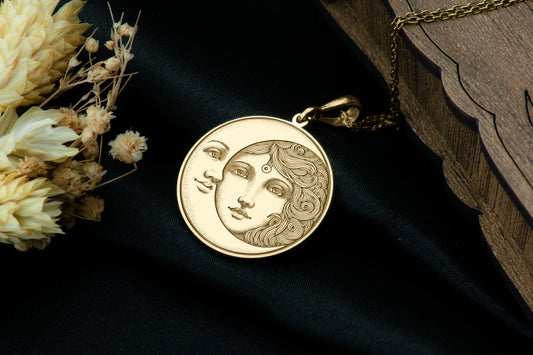 Sun and Moon Pendant: Celestial Necklace, Crescent Moon Charm, Divine Duality Amulet