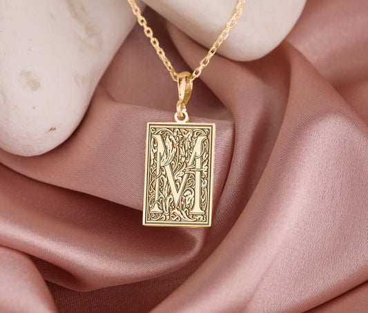 Botanical Letter M Necklace: Gothic Initial Pendant