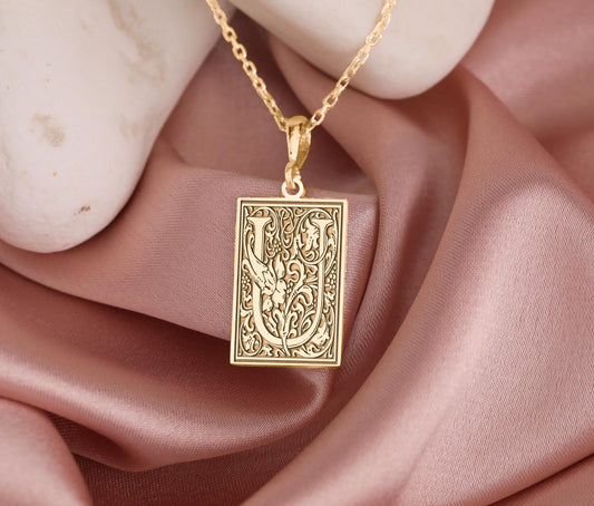 Botanical Letter U Necklace: Gothic Monogram Pendant