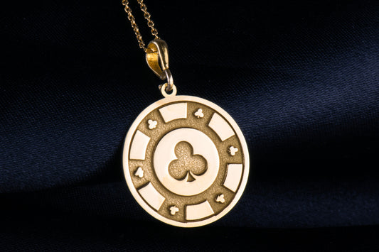 14k Solid Gold Poker Chip Necklace: Clubs Suit Pendant
