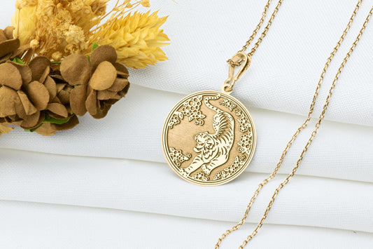 Tiger Charm Necklace: Floral Animal Pendant