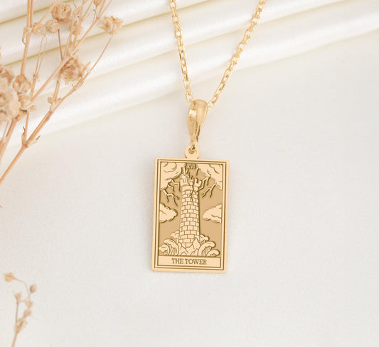 The Tower Tarot Card Necklace: Sterling Silver Major Arcana Pendant