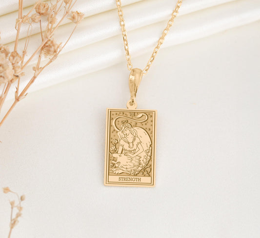 Strength Tarot Card Pendant: 14k Gold or Sterling Silver Major Arcana Necklace
