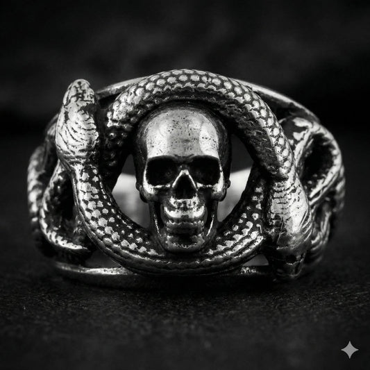 Skull and Snake Sterling Silver Ring: Gothic Symbol of Transformation and Rebirth