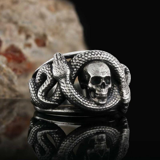 Skull and Snake Sterling Silver Ring: Gothic Symbol of Transformation and Rebirth